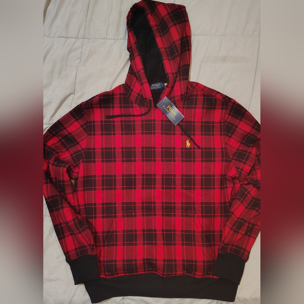 Ralph Lauren Red and Black Plaid Hooded Sweatshirt Size Medium NWT